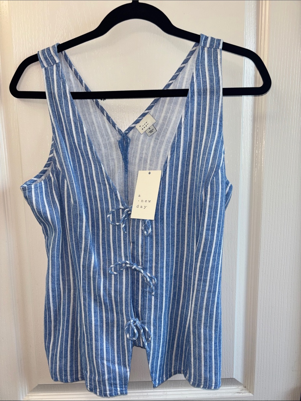 a new day Blue and White Striped Tie-Front Linen-Blend Tank